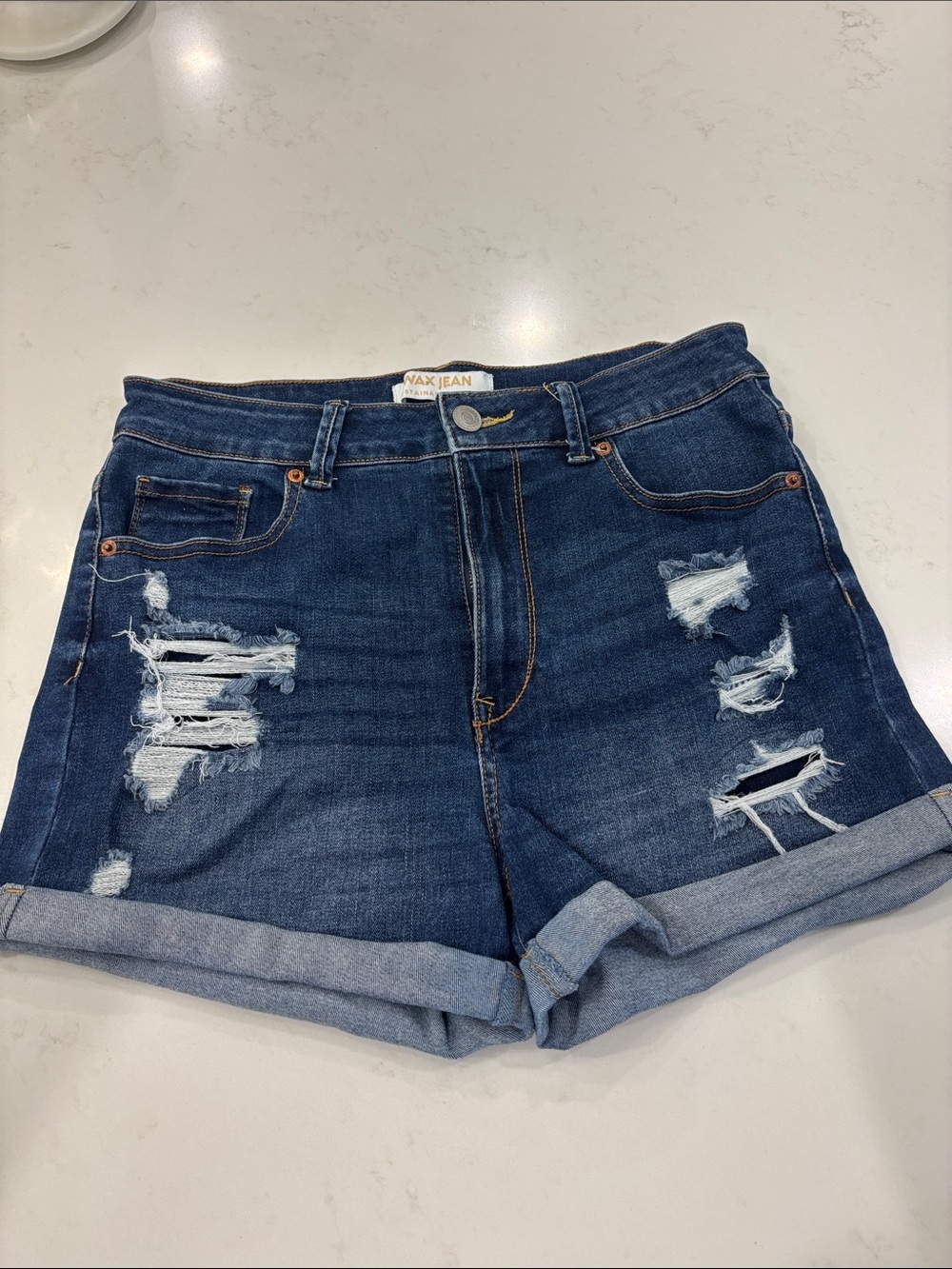 Wax Jean Dark Blue Distressed Rolled-Hem Denim Shorts